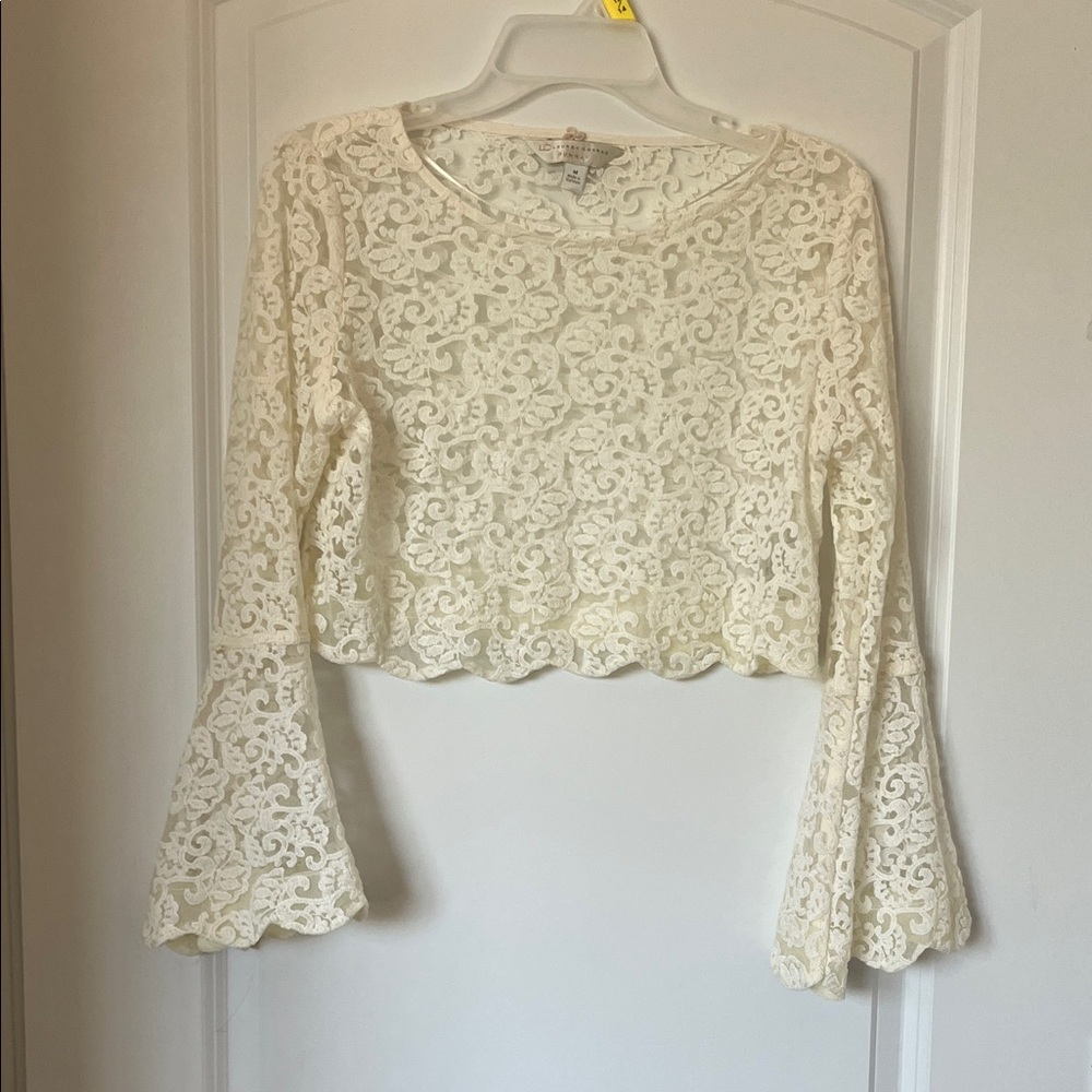 LC Lauren Conrad Cropped Cream Lace Bell Sleeve Blouse with scalloped hem.